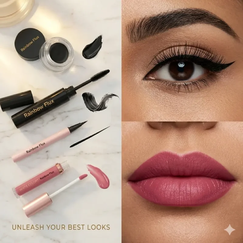 Rainbow Flux 4 in 1 Beauty Kit featuring Mascara, Lip Gloss, Pen Eyeliner and Gel Eyeliner